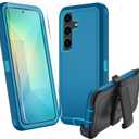 for Samsung Galaxy S25 Case, S25 Heavy Duty case, [Belt Clip Holster] [Glass Screen Protector] [Military Grade Protective ] [Shockproof] [Dropproof] [Dust-Proof] (with Belt Clip, Lake Blue)