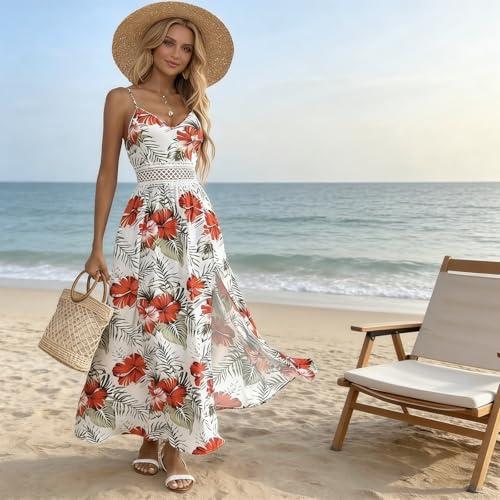 Women's Floral Sleeveless Split Thigh Ruffle Hem Summer Cami Maxi Dress Casual Boho Long Dress Red M