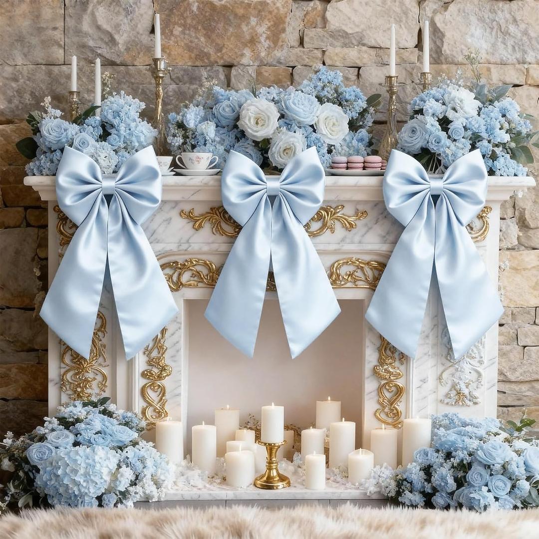 Blue Bow Decor as Crib Skirt 3 Pack Large Blue Bows Decoration 22  11 Inch Big Bow for Christmas Tree Gift Wrapping Coquette Party Background for Bachelorette Baby Shower Bridal Shower Wedding