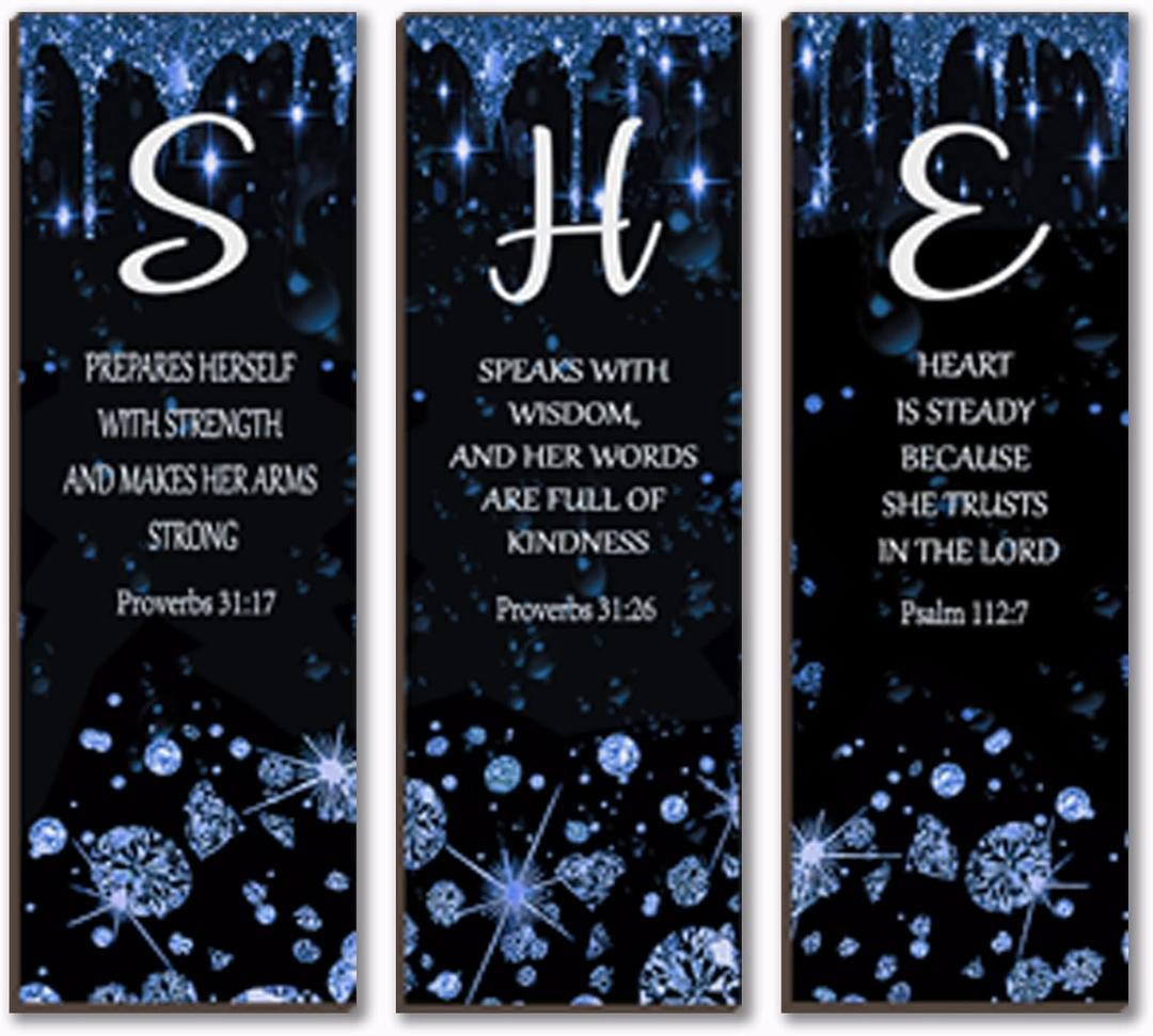 ZONWUTHY 3 Pcs Blue Silver Wall Decor Diamond Bedroom Decor For Women With Religious Black And Blue Bathroom Accessories Office Sign for Home Kitchen Office Wall Decoration 12x4 Inches