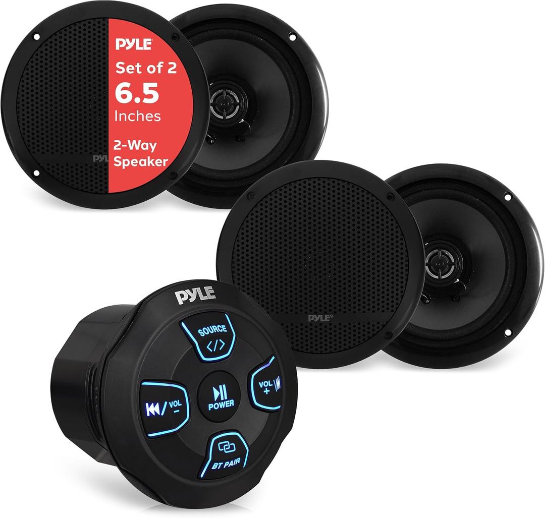 Pyle 240 Watts Bluetooth Marine Grade 6.5" 2-Way Speaker System, Amplified Full Range Stereo Sound, Flush Mount Dual Cone Dome Waterproof Universal Use, With Aux 3.5mm Input pair