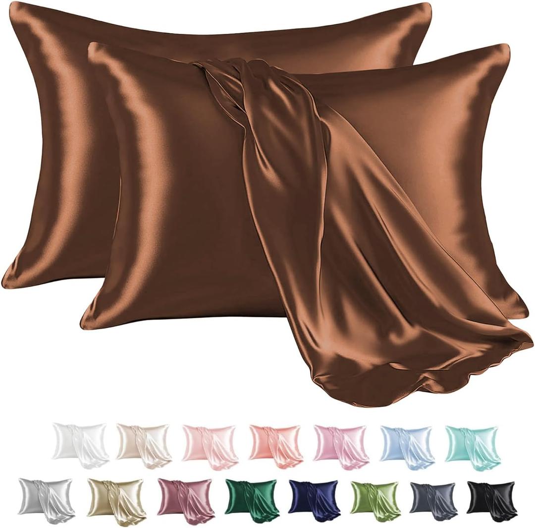 MR&HM Satin Pillowcase for Hair and Skin, Silk Satin Pillowcase 2 Pack, Queen Size Pillow Cases Set of 2, Silky Pillow Cover with Envelope Closure (20x30, Brown)