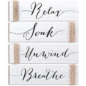Jetec 4 Pieces Farmhouse White Bathroom Decor Wall Art Bathroom Sign Rustic Decor Relax Soak Unwind Breathe Wood Sign for Home Spa Bath Decoration, 11. 8 x 3 Inch