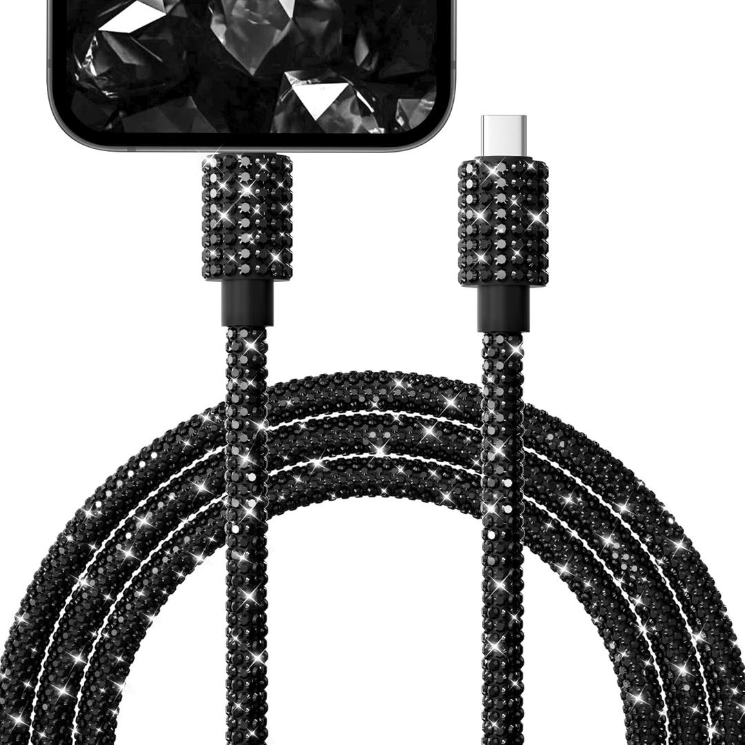 for iPhone Charger Cord [MFi Certified] Black Diamond Phone Type C Charger Fast Charging Cable Cord for iPhone 14 13 12 11 Plus Pro Max Bling Sparking USB C to iPhone Cable 4FT for iPad 9th 8th Gen