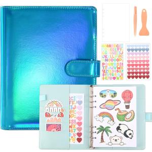 Reusable Sticker Book Collecting Album,A5 PU Sticker Collecting Book with Heart Label & Letter Label,Holographic Cover (blue)