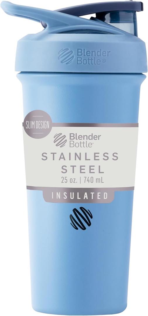 BlenderBottle Sport Sleek Insulated Stainless Steel Shaker Bottle with Wire Whisk, 25-Ounce, Dusty Blue Protein Shakes & Hydration for Athletes & Fitness Enthusiasts, Easy Mixing, Slim Easy to Hold, Keeps Drinks Cold, Lockable Lid | Sleek, Insulated, Water Bottle, Wire Whisk