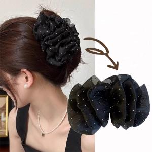 Large Bow Hair Claw Clips for Women Mesh Bubble Hair Barrettes for Thick Thin Hair Elegant Chiffon Silk Hair Accessories (Crystal black)