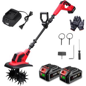 Cordless Tiller Cultivator, 360RPM Electric Garden Tiller with 23.0AH Batteries & 1.5A Fast Charger, Battery Powered Garden Cultivator, 9.5In Tilling Width & 6.7In Depth Garden Rototiller