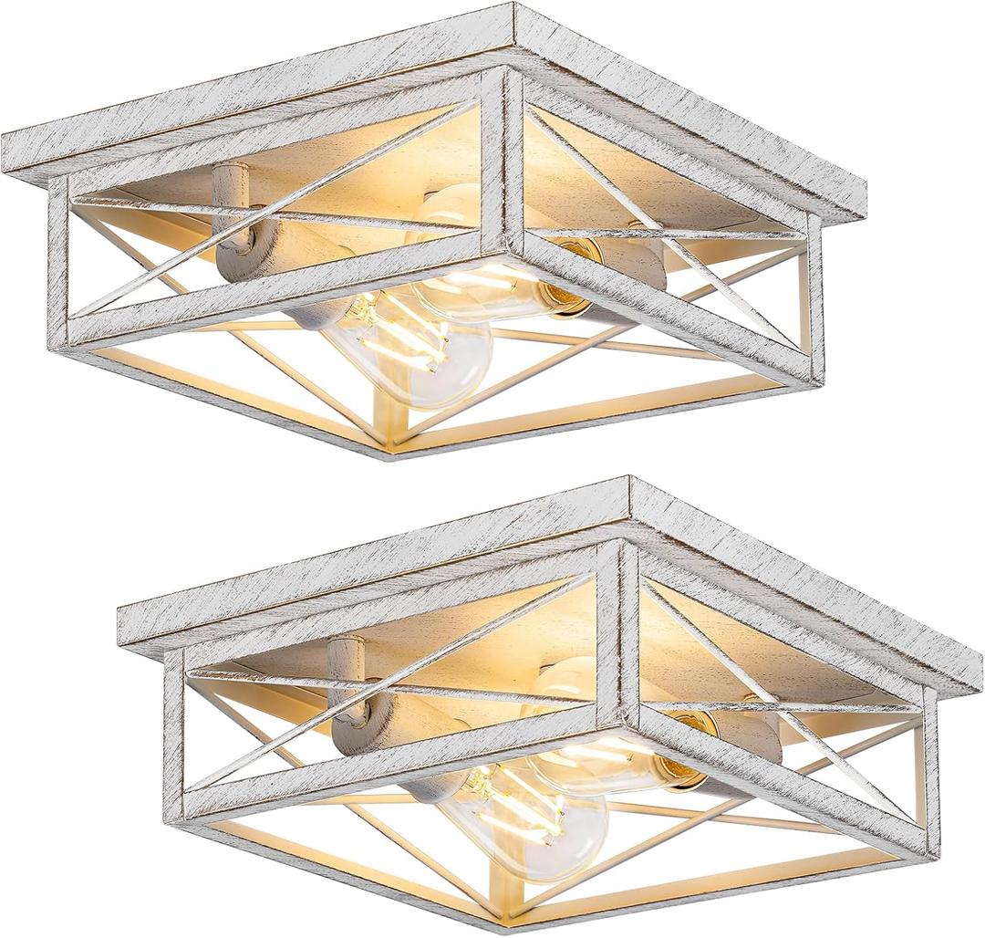 White Hallway Light Fixtures for Ceiling, 2-Light Farmhouse Industrial Flush Mount Ceiling Lights, 2-Pack Metal Kitchen Light Fixtures, Square Close to Ceiling Lights for Bedroom Living Room Entryway