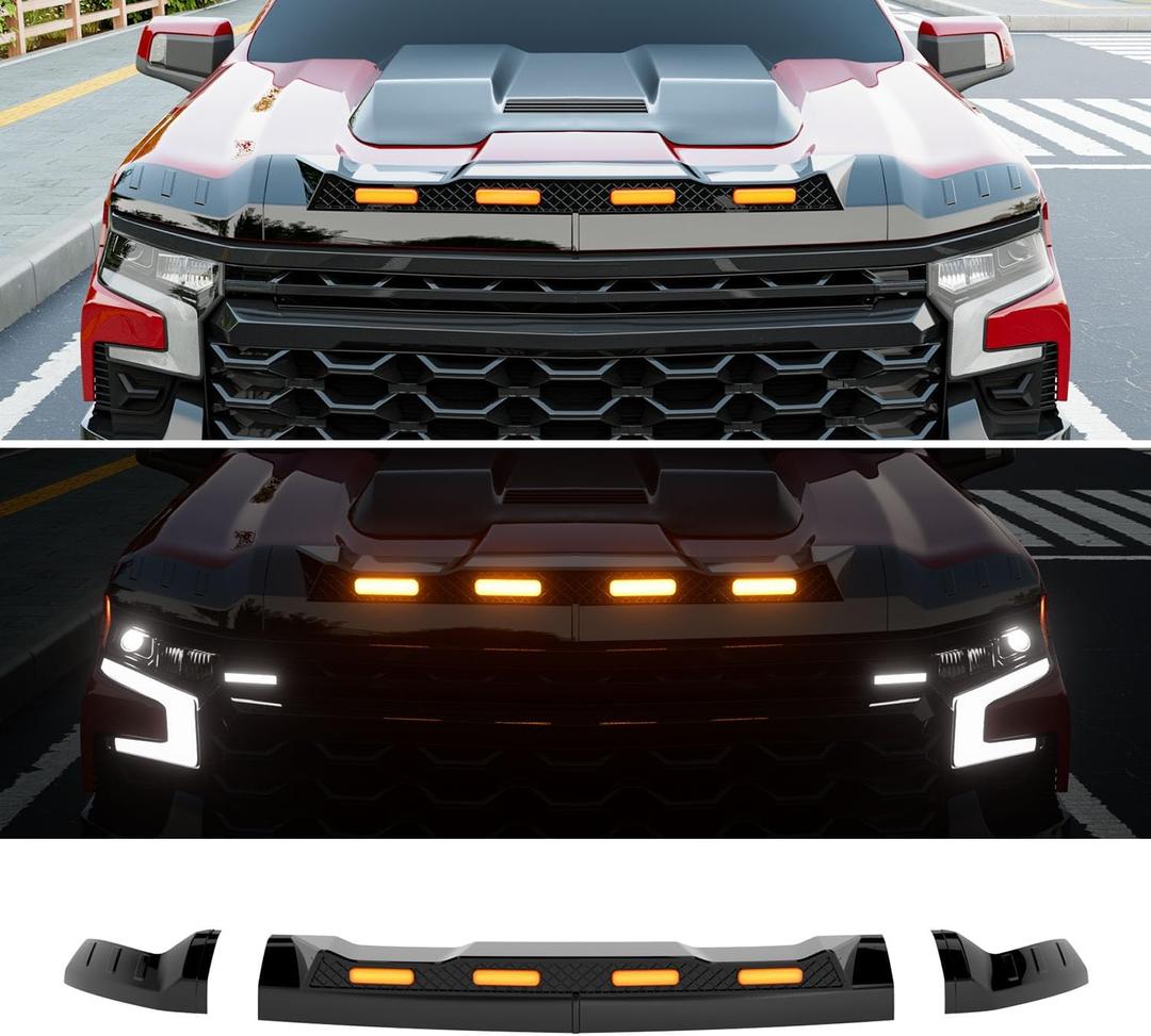 Hood Protector with LED Light Compatible with 2019-2024 Chevy Silverado 1500 ZR2 Hood Deflector Glossy Black Three Section Lightshield Replacement for 2019-2024 Chevy Silverado Accessories