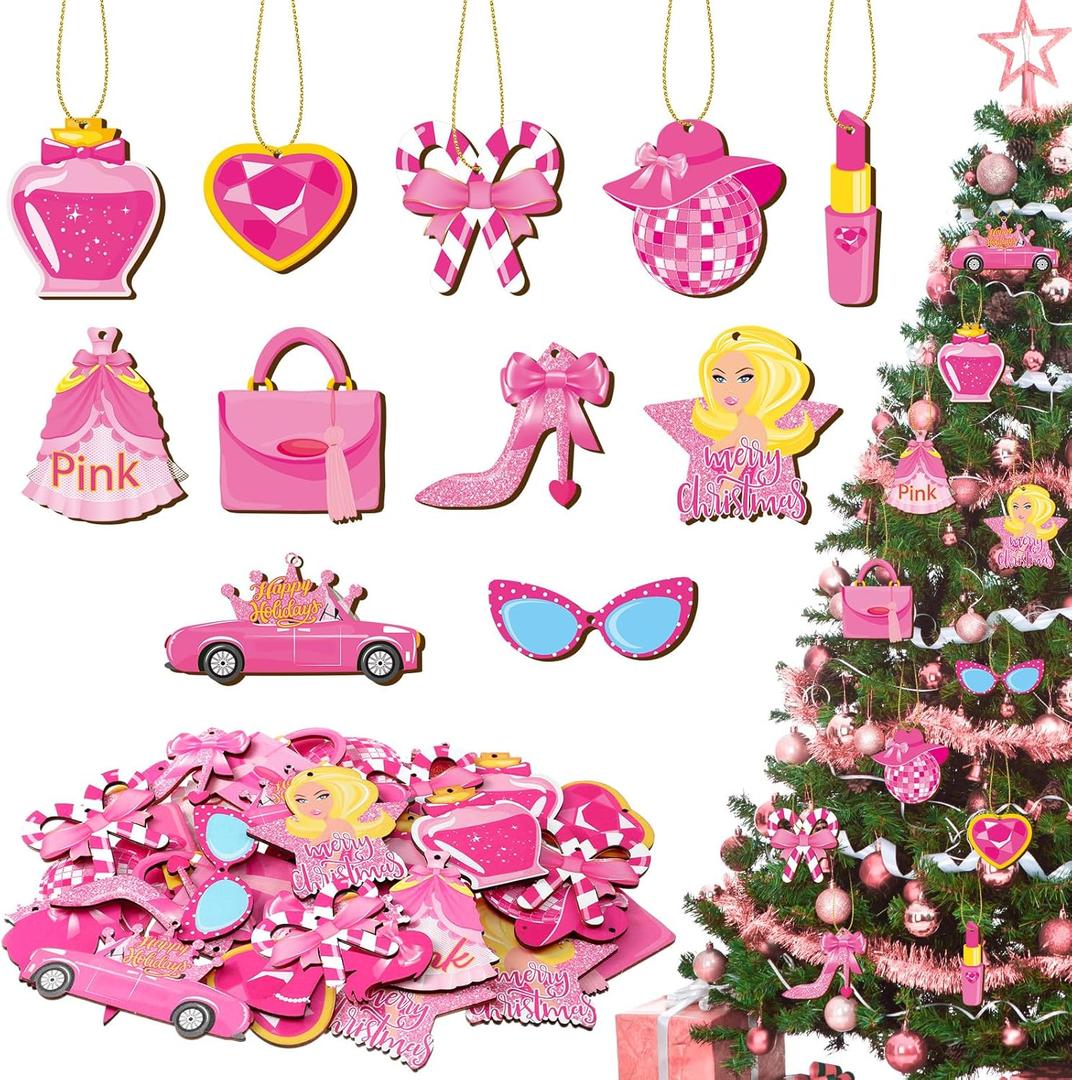 Hollowfly 33 Pcs Pink Ornaments for Christmas Tree Wooden Hanging Christmas Decorations Princess Cute Pendants Party Decoration with Rope and Holes for Home Party Supply Decorations Gifts for Girls
