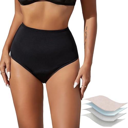 HATSURE Period Swimwear High Waisted Tummy Control Bikini Menstrual Swimsuit Bottoms Leakproof Panties for Women Girls Teens Black M