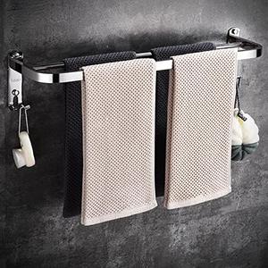 IKITCHEN Towel Racks for Bathroom, Stainless Steel Towel Holder Wall Mounted with 2 Hooks, Bathroom Shelf with Towel Bar 23Inch Polished Silver IKITCHEN Towel Racks for Bathroom, Stainless Steel Towel Holder Wall Mounted with 2 Hooks, Bathroom Shelf with Towel Bar 23Inch Polished Silver