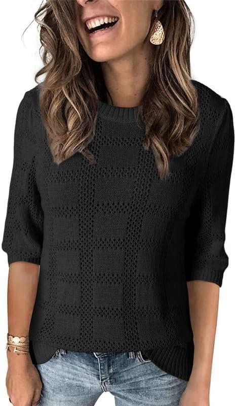 Dokotoo Women's Casual Short Sleeve Loose Tunic Tops Lightweight Crochet Knit Summer Sweaters Blouses (Black, L)