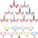 Jexine 18 Piece Unicorn Party Favors Include 9 Unicorn Horn Headbands Bulk Glitter Ears Flower 9 Rainbow Beaded Bracelets for Girls Friendship Gift for Christmas Birthday Party Decoration