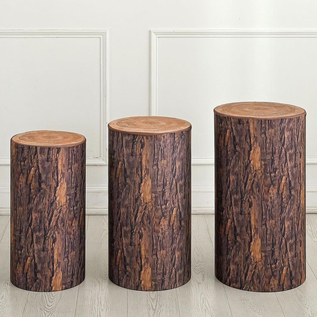 uxcell Set of 3 Wooden Texture Cylinder Spandex Stand Covers, Plinth Stand Cover for Party Wedding Birthday Decoration, Only Contains Cylinder Covers (Elastic Fabric - Small)