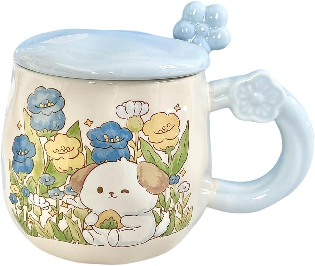 Cute Ceramic Coffee Mug Adorable Cat Dog Tea Milk Cup with Lid Spoon Heat Resistant Animal Coffee Mug Gift for Cat Dog lovers Women Girl Office Home