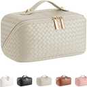 Large Capacity Travel Cosmetic Bag - PU Leather Makeup Organizer Bag Portable Woven Makeup Bags for Women Waterproof Travel Toiletry Bag with Divider Pouch, Khaki