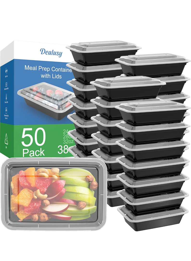 50 Pack (100-Piece) 38 oz Meal Prep Containers Reusable with Lids, Sturdy Leakproof & Food Safe, Microwave, Freezer, Dishwasher Safe Prep Containers, To Go Take Out Plastic Food Storage