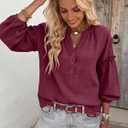 Womens V Neck Button Down Tops Puff Long Sleeve Tunic Blouse Dressy Loose Fit Basic T Shirt Business Casual Work Tops (Medium, Wine)