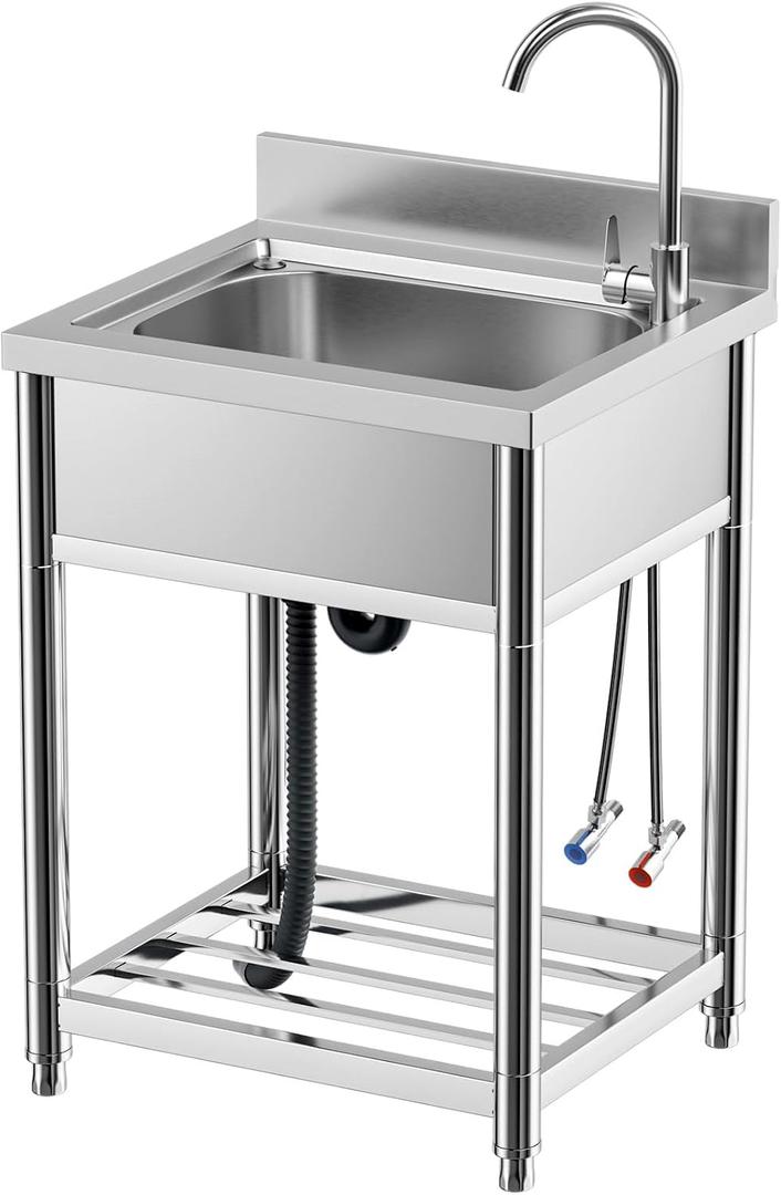 Free Standing Stainless-Steel Single Bowl Commercial Restaurant Kitchen Sink Set w/Faucet, Prep & Utility Washing Hand Basin w/Storage Shelve, laundry tub for Indoor Outdoor (22in), Easy-clean Round - Pressed