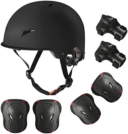 Skateboard Bike Helmet for Adults Adjustable Knee Elbow Pads Wrist Guards Protective Gear Helmets Set Teens for Bicycle Cycling Skate Scooter Bicycle Helmet Large