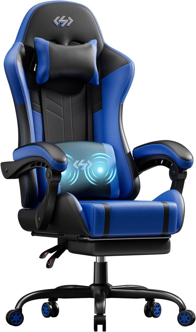 HLDIRECT Gaming Chair, Ergonomic Video Game Seat with 360 Swivel & Lumbar Massage, Computer Chair PU Leather Cushion for Adults Home/Office Use (Black & Blue)