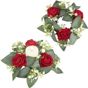 2 PCS Red Artificial Flowers Candle Rings Wreaths for Pillars, Velvet Rose Candle Wreath Rings for Wedding Table Centerpieces, Valentine's Day, Farmhouse Home (Red)