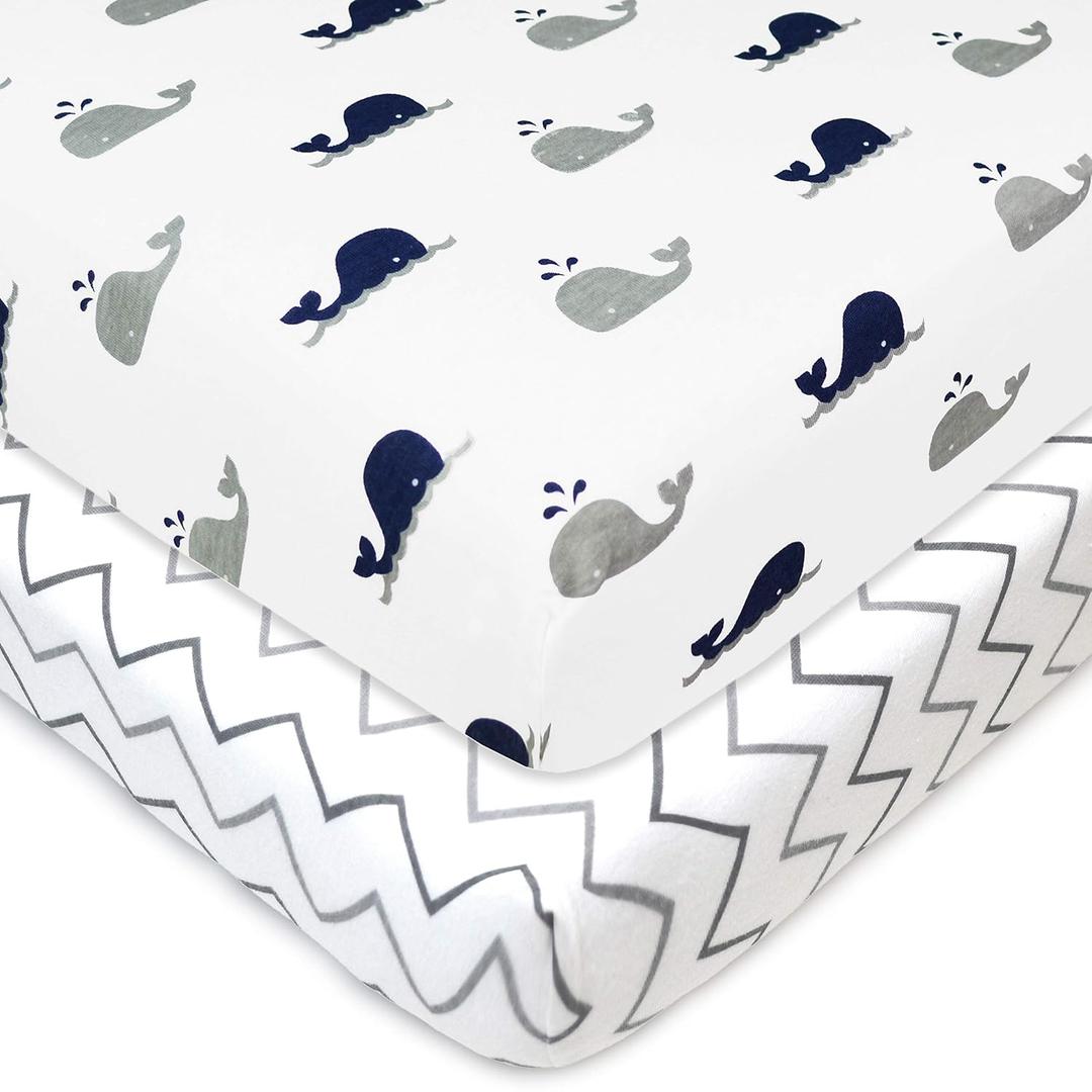American Baby Company 2 Pack 100% Natural Cotton Fitted Pack and Play Sheets 39" x 27" - Soft & Breathable Pack N Play Sheets for Playard & Mini Crib Mattress, Navy Whale/Grey Zigzag, for Boys & Girls