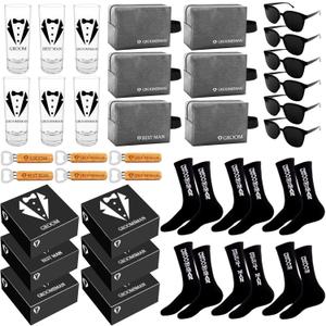 36Pcs Groomsmens Gifts Set of 6,Groom Best Man Groomsmen Proposal Box Gifts,2oz Shot Glasses,Oxford Bags,Black Sunglasses,Bottle Openers,Socks,Wedding Bachelor Party for Groomsmen
