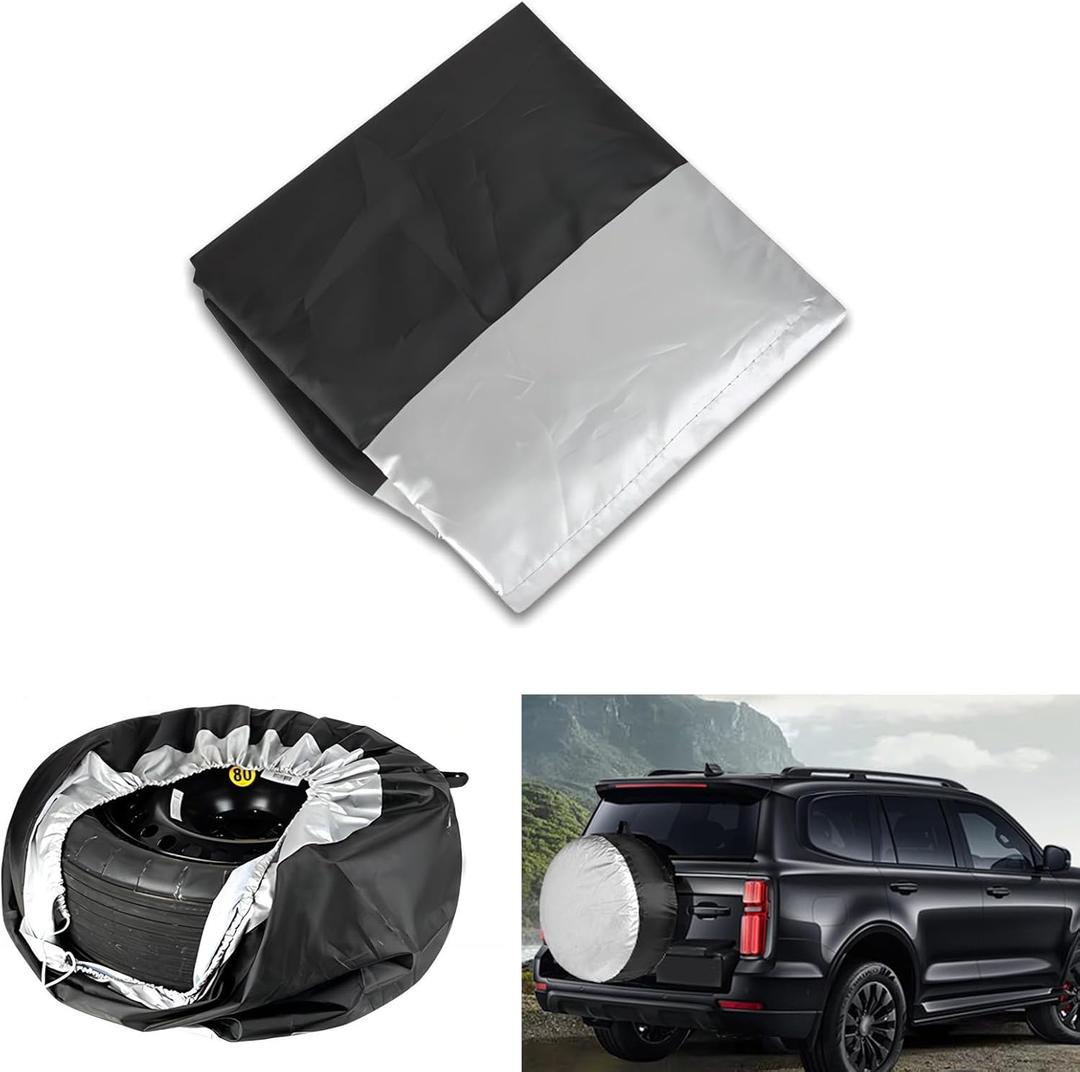1 PC Car Tire Protection Cover, 25.5" x 14.56" 210D Oxford Cloth Dustproof Waterproof Spare Tire Cover, Portable Handle Drawstring Storage Accessories, for Sedans, SUVs (Silver & Black)