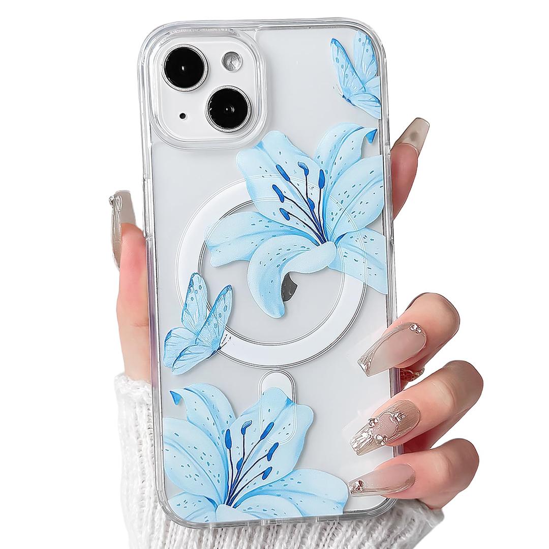 NITITOP Compatible with iPhone 13/14 Case Clear Magnetic Compatible with MagSafe Cute Lily Flowers Floral for Women Girls Hard PC Back Shockproof Protective Phone Cover - Blue