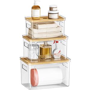 Under Sink Organizer,Plastic Bag Holder Dispenser,Stackable Pantry Laundry Room Home Organization,Bamboo Lid Potatoes Onions Storage Container for Kitchen,Set of 3 for 13/30/33 Gallon Bags