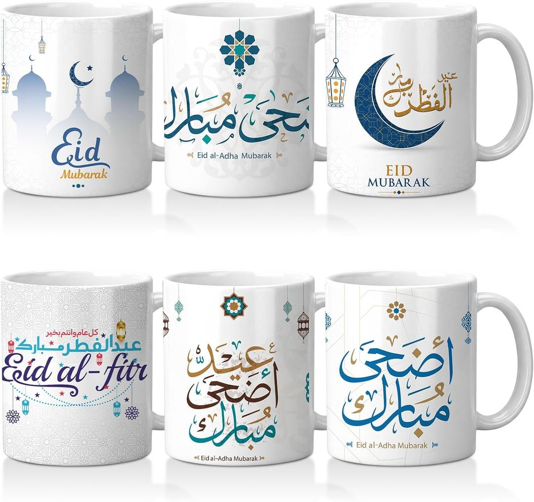 6 Pcs Ramadan Gifts Cups Eid Mubarak Coffee Mugs Islamic Gifts Bulk Ceramic Mugs Set 12oz Eid Al-fitr Tumbler for Adults Women Men Muslim Festival Holiday Favor