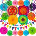 32Pcs Cinco De Mayo Decorations Fiesta Party Decorations Multi-Color Paper Fans Garlands Pennant Pom Poms Hanging Swirls For Birthday Wedding Rainbow Mexican Party