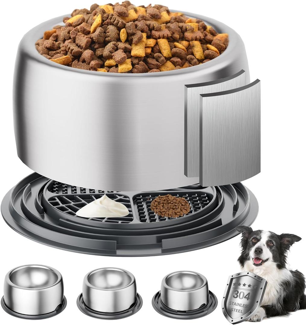 304 Stainless Steel Dog Bowls, Heavy Duty Dog Food Bowl with Extra Strong Non-Slip Mat, Thick Metal Base Water Bowl with Lick Mat for Small, Medium, Large Dogs, Indoor/Outdoor (19.8 oz) (Grey)