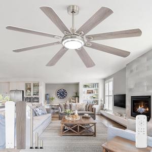65 Inch Ceiling Fans with Lights and Remote, Brushed Nickel Ceiling Fan with 8 Dual-Color Blades, Indoor/Outdoor Large Ceiling Fans, Reversible DC Motor, 6-Speed, 3CCT for Living Porch Patio