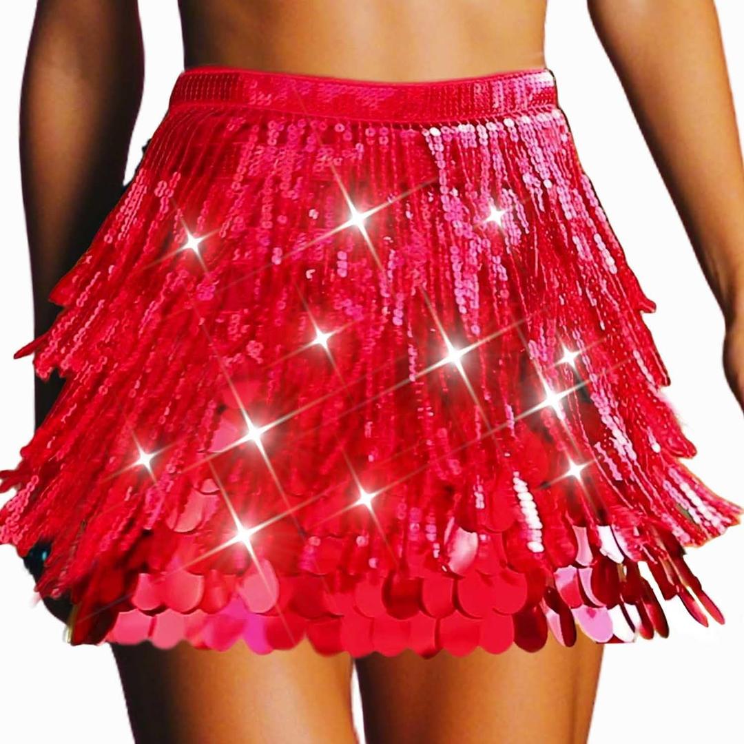 CLOACE Sequin Skirt Sparkly Belly Dance Hip Scarf Fringe Skirts for Women (Red)