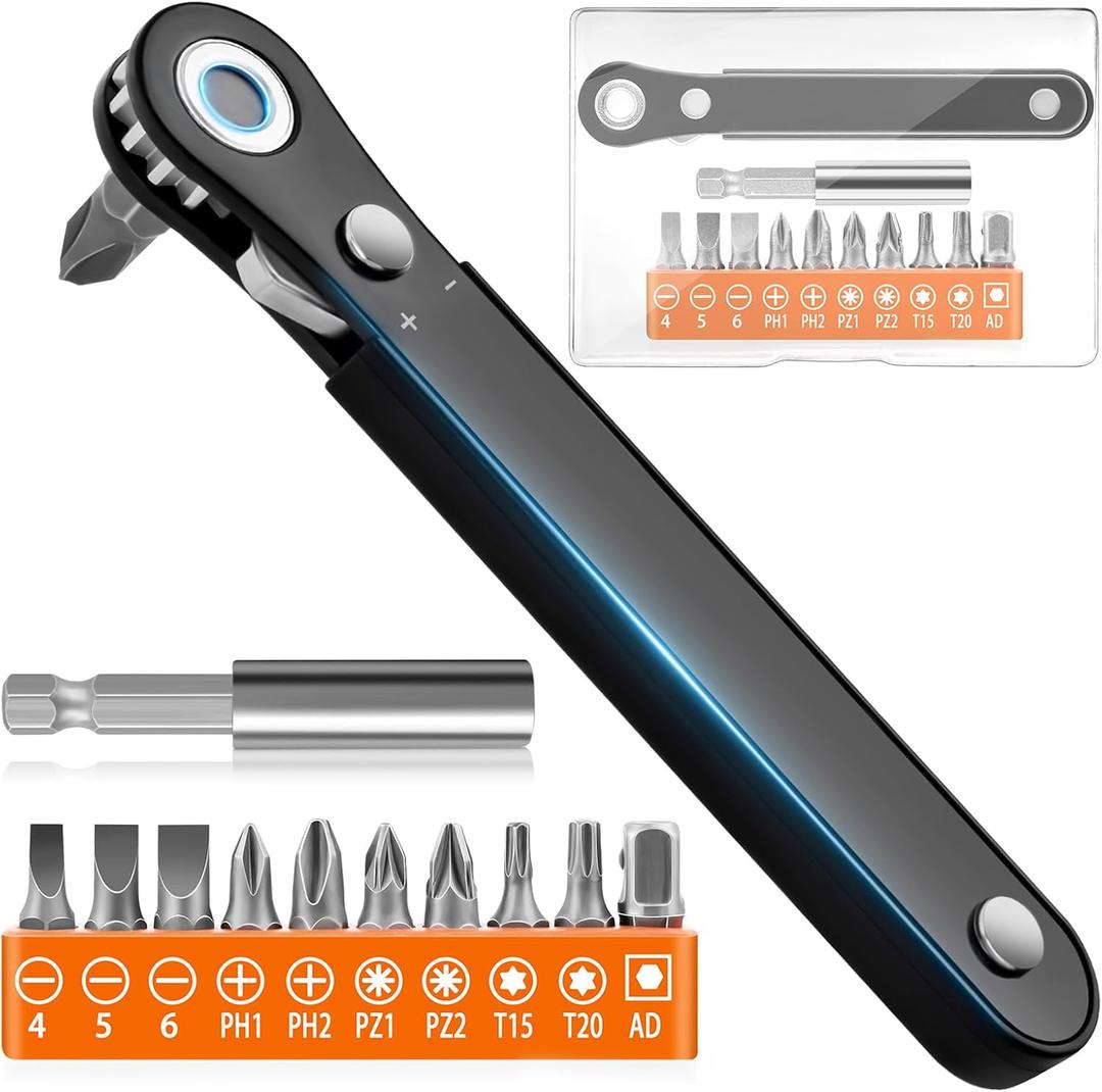 Right Angle Screwdriver Set Mens Gifts, Mini Ratcheting 90 Degree Offset Screwdriver Pocket Mini Low Profile Ratchet Wrench Bit Socket Set Sewing Machine Tool Stocking Stuffers Mens Gifts for Him (Orange)