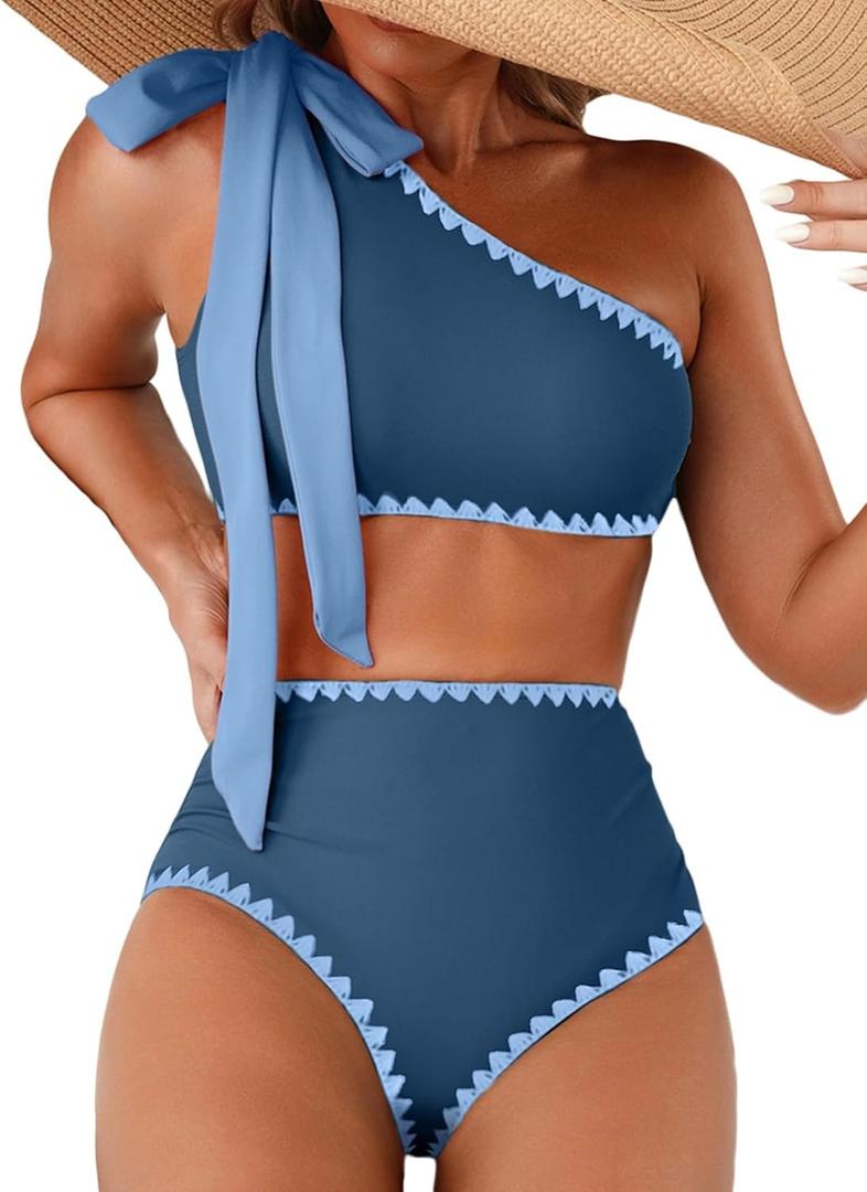 Herseas Women's One Bow Shoulder Bikini Sets 2 Piece Ruched Swimsuit Elegant Bathing Suit, XL