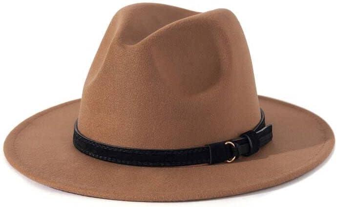 Lisianthus Men & Women Vintage Wide Brim Fedora Hat with Belt Buckle (Medium, Z Black Belt-khaki)