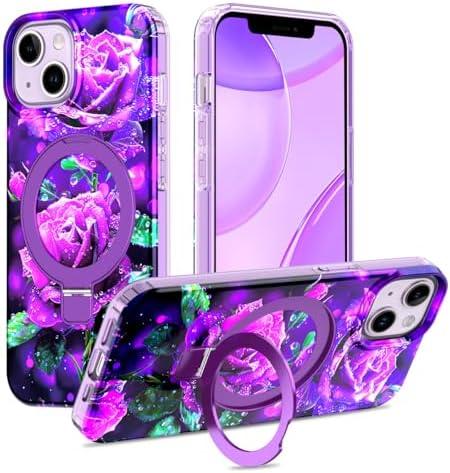 Shecaset for iPhone 13 & iPhone 14 Case, [Compatible with MagSafe] [Magnetic Invisible Ring Stand], Shockproof Protective Slim Fit for Women Girl for iPhone 13/14 Case, Purple Flower Cute