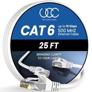 Cat 6 Ethernet Cable 25 ft, 10Gbps High Speed Ethernet Cable, Internet Cable Outdoor&Indoor, Rj45 Cat6 Cable Long Ethernet Cable for Computer, Router, Modem, PS4/5, Xbox, Gaming- White