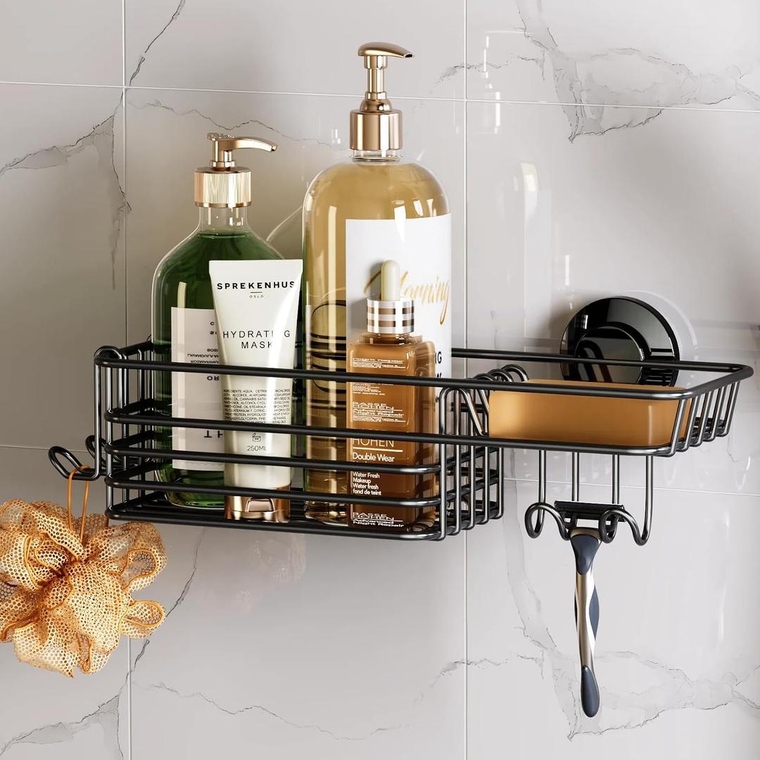 TAILI Shower Caddy Suction Cup with Hooks and Soap holder, Heavy Duty Bathroom Shower Organizer, No Drilling Bathroom Holder with Large Capacity, Metal Black Storage Basket, 1 x Medium