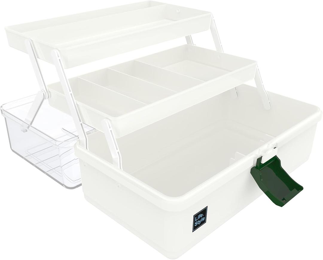 13 inches Craft Organizers and Storage Box, 3-Layers Multifunctional Plastic Sewing Organizing Box with Handle, for Medicine, Art Supply, Makeup, Hair Accessories, Organizer Bins (White)