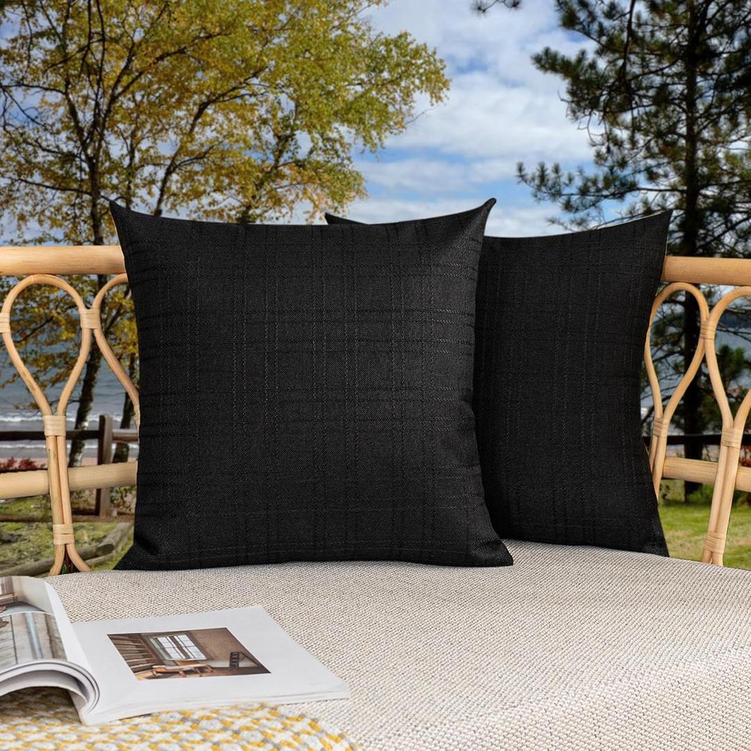 Kevin Textile Pack of 2 Decorative Outdoor Waterproof Throw Pillow Covers Checkered Pillowcases Classic Cushion Cases for Patio Couch Bench 20 x 20 Inch Black