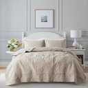B2EVER Beige Damask Quilt King Size Bedding Sets with 2 Pillow Shams, Boho Bedspread Lightweight Soft Farmhouse Vintage Bohemian Coverlet Retro Jacquard Pattern Bed Cover for All Season, 3 Pieces