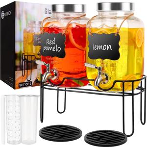 Drink Dispenser,2PACK Glass Drink Dispensers for Parties,1 Gallon Beverage Dispenser with Stand, Stainless Steel Spigot Leak proof, Come with Ice Cylinder, Fruit Tube and 2 Rubber Mats