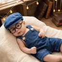 Newborn Baby Photography Props Infant Baggy Retro Denim Jumpsuit Overalls Hat and Glasses Set Handmade Photo Shoot Costume for Boys Girls (Short Clothing Set)