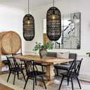 Arturesthome 1 Light Rustic Rattan Basket Pendant Light Fixture, Boho Wicker Chandelier Lamp Black, Coastal Handmade Crafts Lampshade, Farmhouse Hanging Ceiling Lighting for Dining Kitchen